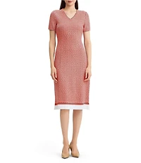 Ming Wang Textured Multi-Stretch V-Neck Short Sleeve A-Line Dress