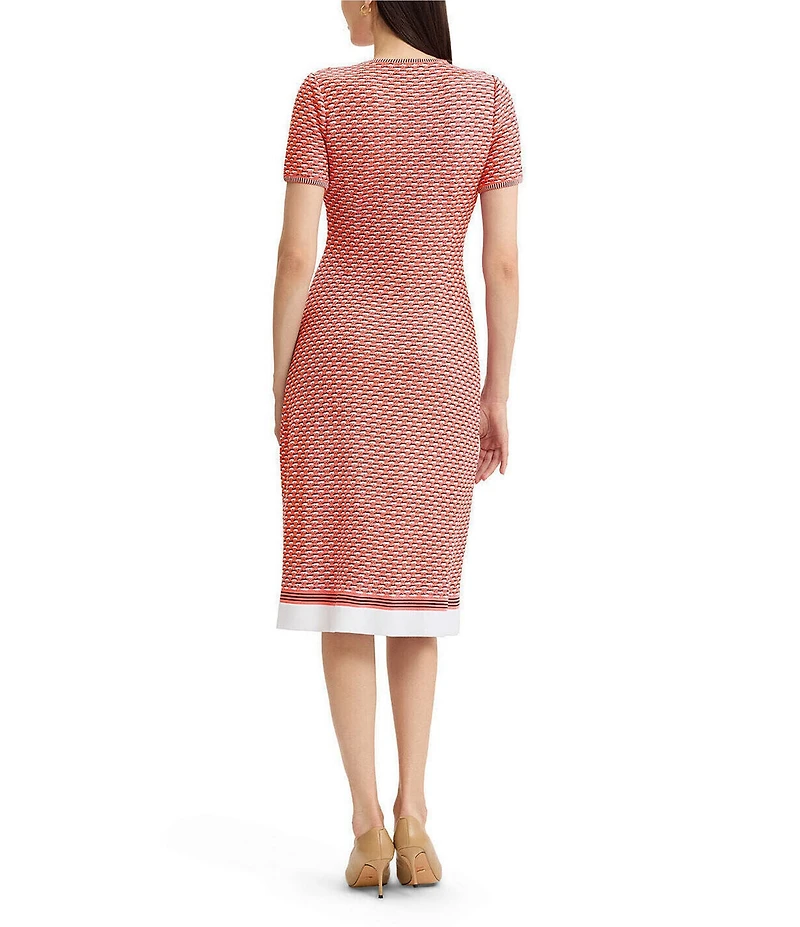 Ming Wang Textured Multi-Stretch V-Neck Short Sleeve A-Line Dress