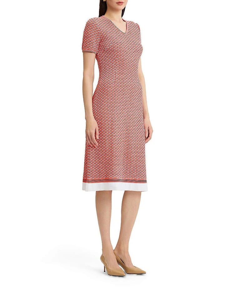 Ming Wang Textured Multi-Stretch V-Neck Short Sleeve A-Line Dress