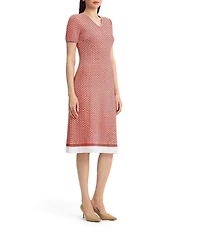 Ming Wang Textured Multi-Stretch V-Neck Short Sleeve A-Line Dress