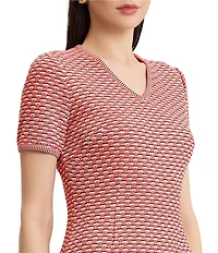 Ming Wang Textured Multi-Stretch V-Neck Short Sleeve A-Line Dress