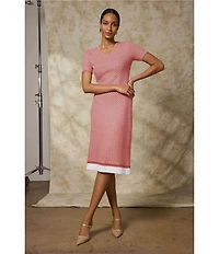Ming Wang Textured Multi-Stretch V-Neck Short Sleeve A-Line Dress