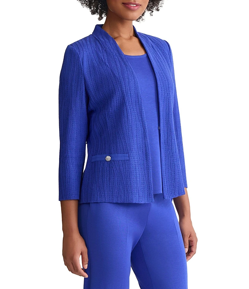 Ming Wang Textured Wave Knit V-Neck 3/4 Sleeve Jacket