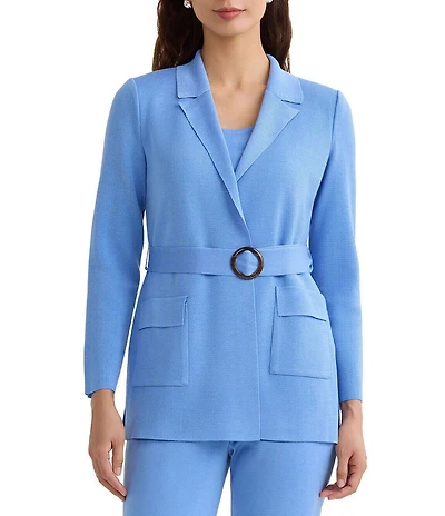 Ming Wang Tonal Flat Knit Notch Lapel Bracelet Sleeve Belted Blazer Jacket