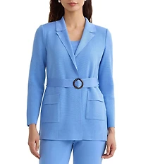 Ming Wang Tonal Flat Knit Notch Lapel Bracelet Sleeve Belted Blazer Jacket