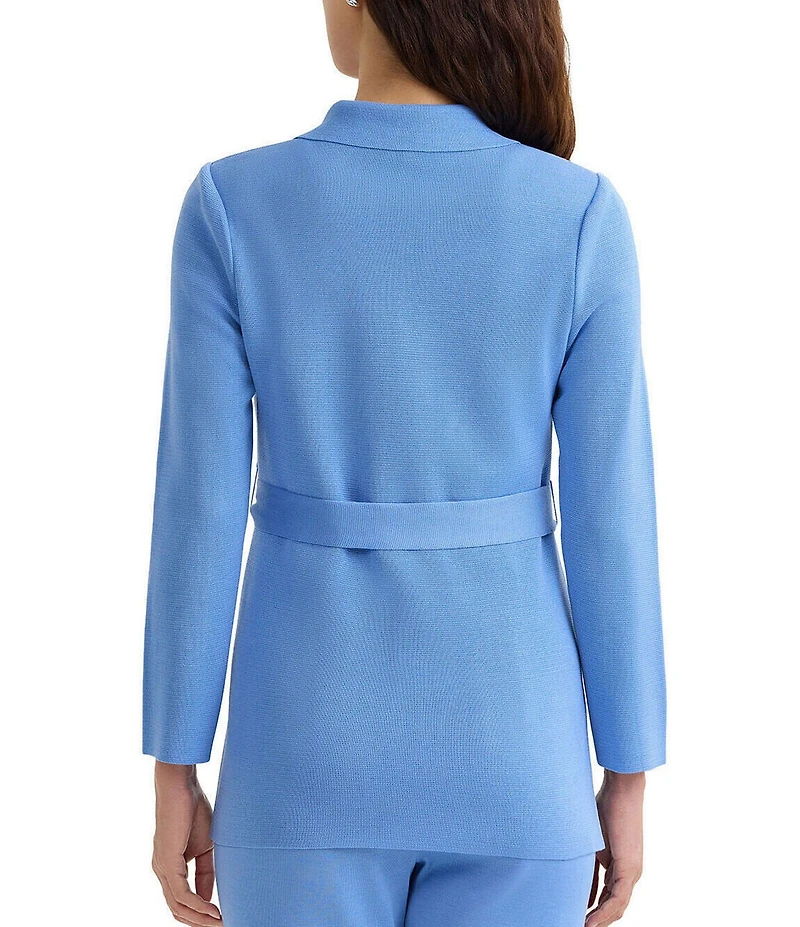 Ming Wang Tonal Flat Knit Notch Lapel Bracelet Sleeve Belted Blazer Jacket
