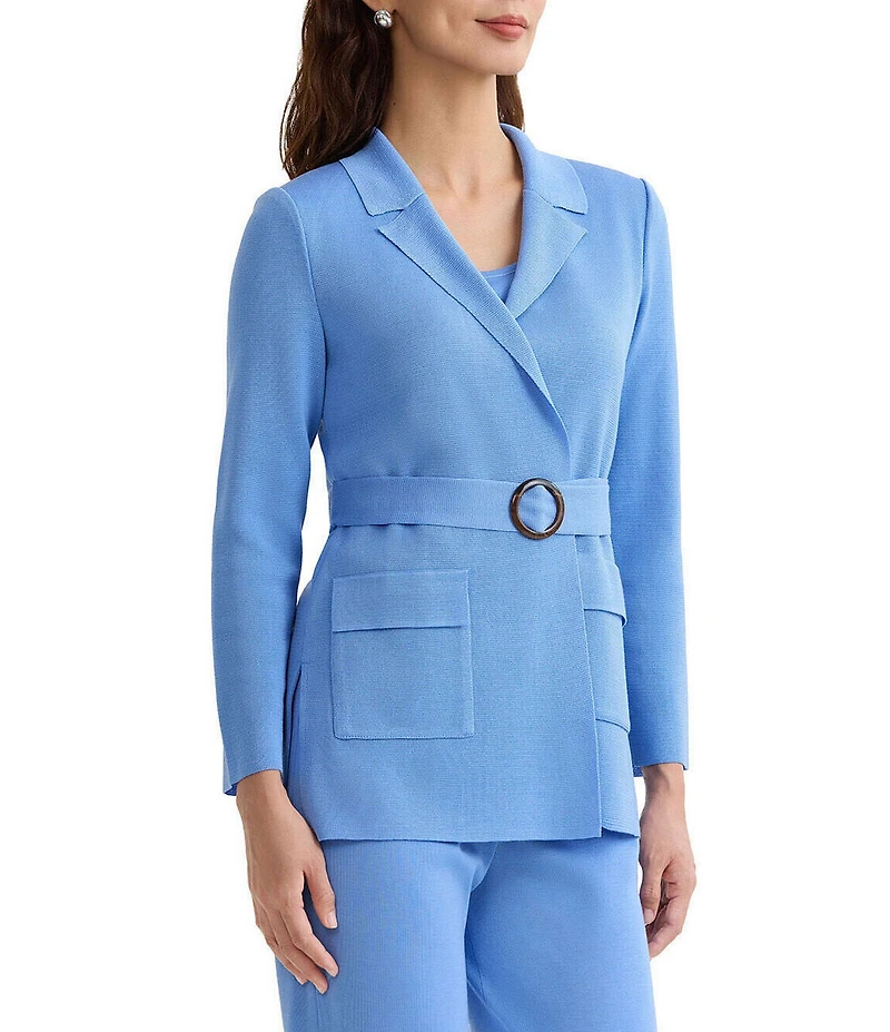 Ming Wang Tonal Flat Knit Notch Lapel Bracelet Sleeve Belted Blazer Jacket