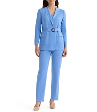 Ming Wang Tonal Flat Knit Notch Lapel Bracelet Sleeve Belted Blazer Jacket