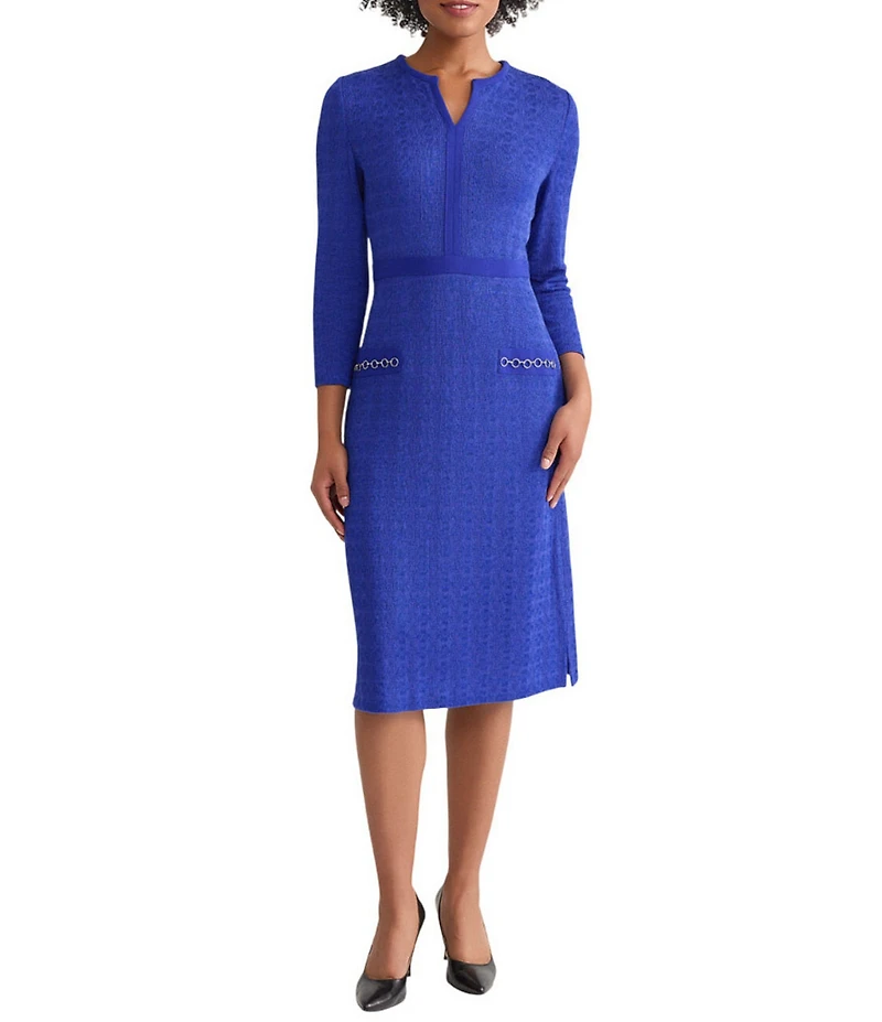 Ming Wang Tonal Knit Split V-Neck Bracelet Sleeve Embellished Sheath Dress