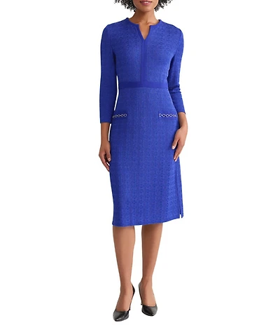 Ming Wang Tonal Knit Split V-Neck Bracelet Sleeve Embellished Sheath Dress
