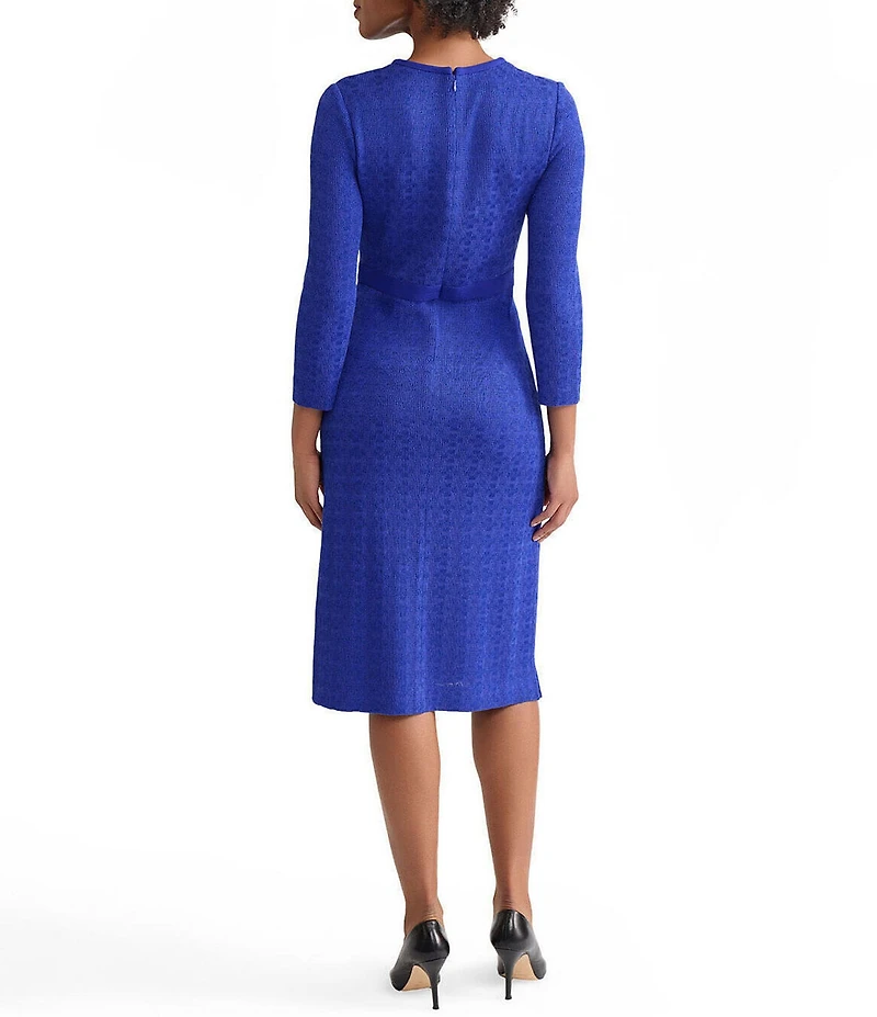Ming Wang Tonal Knit Split V-Neck Bracelet Sleeve Embellished Sheath Dress
