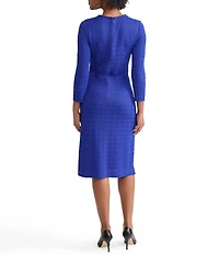 Ming Wang Tonal Knit Split V-Neck Bracelet Sleeve Embellished Sheath Dress