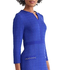 Ming Wang Tonal Knit Split V-Neck Bracelet Sleeve Embellished Sheath Dress