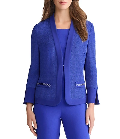 Ming Wang Tonal Knit V-Neck Long Sleeve Chain Faux Pocket Jacket
