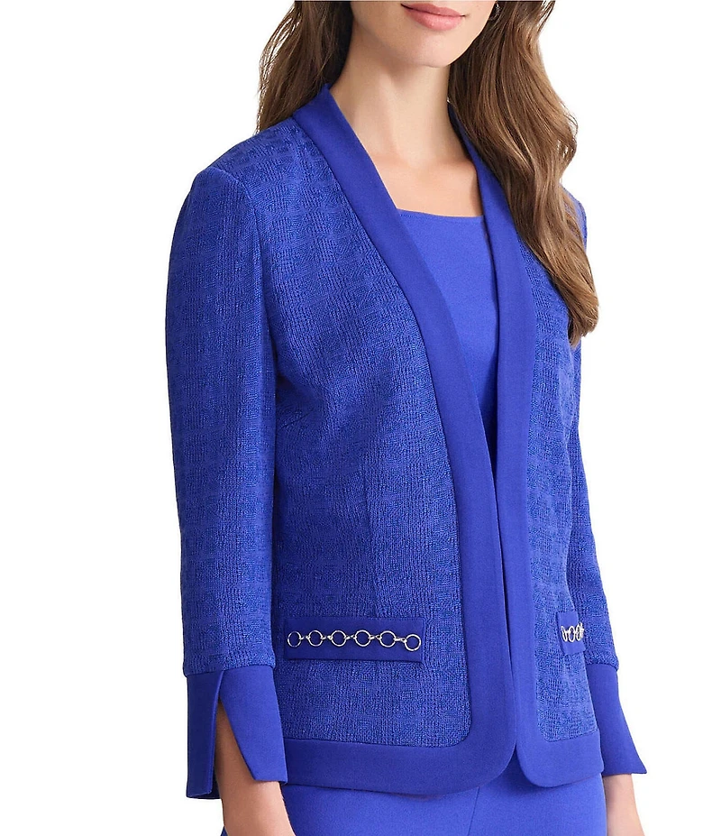 Ming Wang Tonal Knit V-Neck Long Sleeve Chain Faux Pocket Jacket