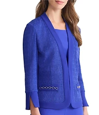 Ming Wang Tonal Knit V-Neck Long Sleeve Chain Faux Pocket Jacket