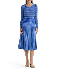 Ming Wang Tonal Pointelle Knit Scoop Neck Long Sleeve Fit-And-Flare Midi Dress