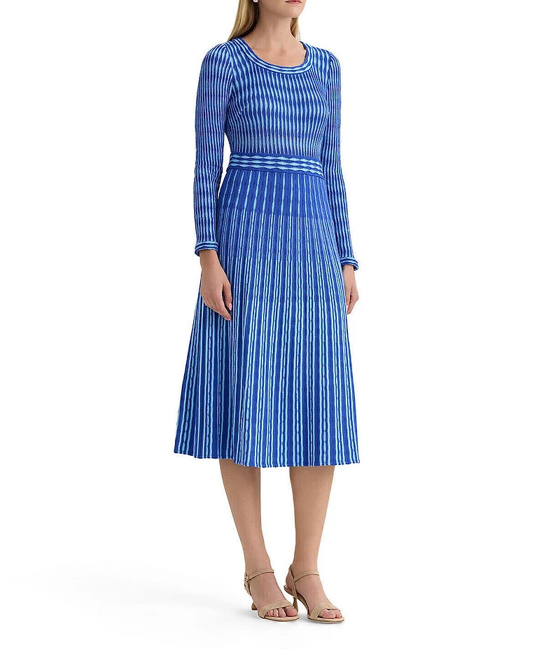 Ming Wang Tonal Pointelle Knit Scoop Neck Long Sleeve Fit-And-Flare Midi Dress