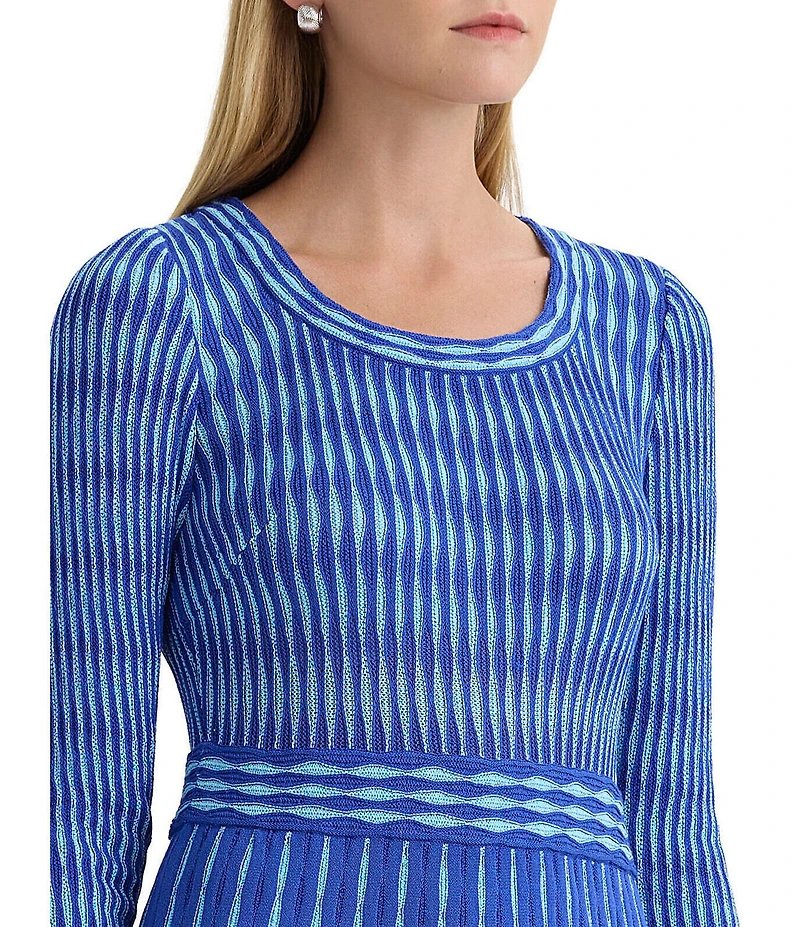 Ming Wang Tonal Pointelle Knit Scoop Neck Long Sleeve Fit-And-Flare Midi Dress