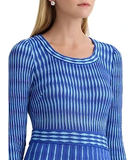 Ming Wang Tonal Pointelle Knit Scoop Neck Long Sleeve Fit-And-Flare Midi Dress