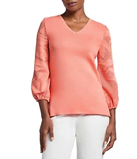 Ming Wang Tonal Texture Knit V-Neck Bracelet Sleeve Top