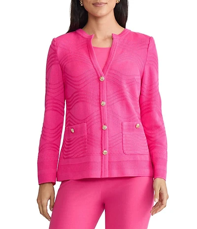 Ming Wang Tonal Textured Wave Knit Split V-Neck Long Sleeve Cardigan