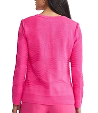 Ming Wang Tonal Textured Wave Knit Split V-Neck Long Sleeve Cardigan