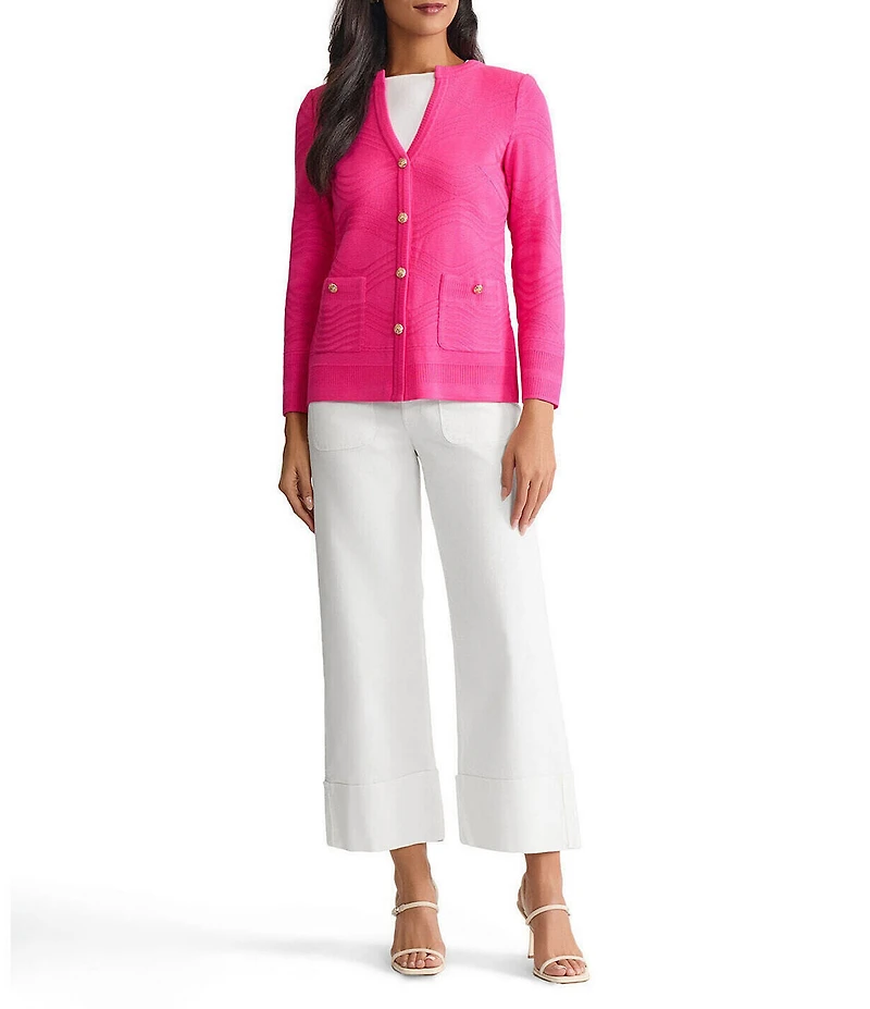 Ming Wang Tonal Textured Wave Knit Split V-Neck Long Sleeve Cardigan