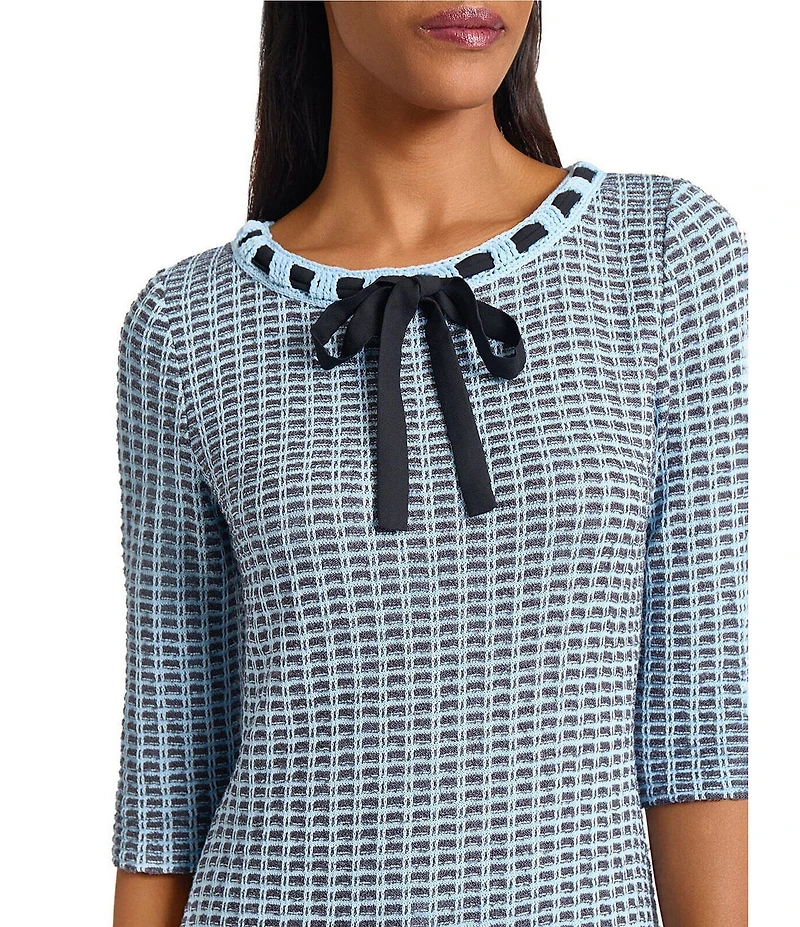 Ming Wang Tweed Knit Crochet Bow Round Neck Elbow Sleeve Sheath Dress