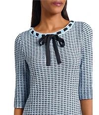 Ming Wang Tweed Knit Crochet Bow Round Neck Elbow Sleeve Sheath Dress