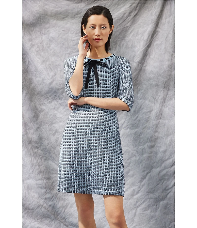 Ming Wang Tweed Knit Crochet Bow Round Neck Elbow Sleeve Sheath Dress