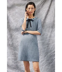Ming Wang Tweed Knit Crochet Bow Round Neck Elbow Sleeve Sheath Dress