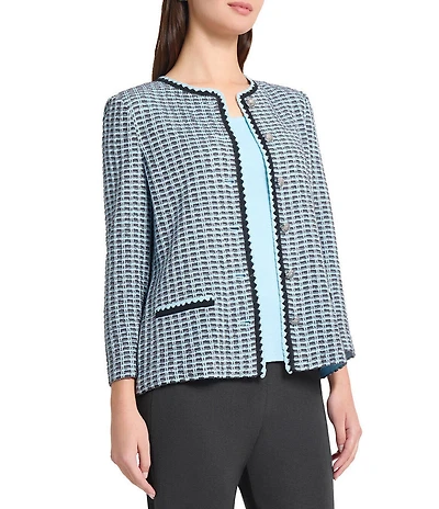 Ming Wang Tweed Knit Round Neck Bracelet Sleeve Crochet Trim Jacket