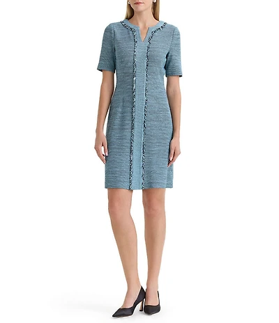 Ming Wang Tweed Knit Split V-Neck Short Sleeve Fringe Dress