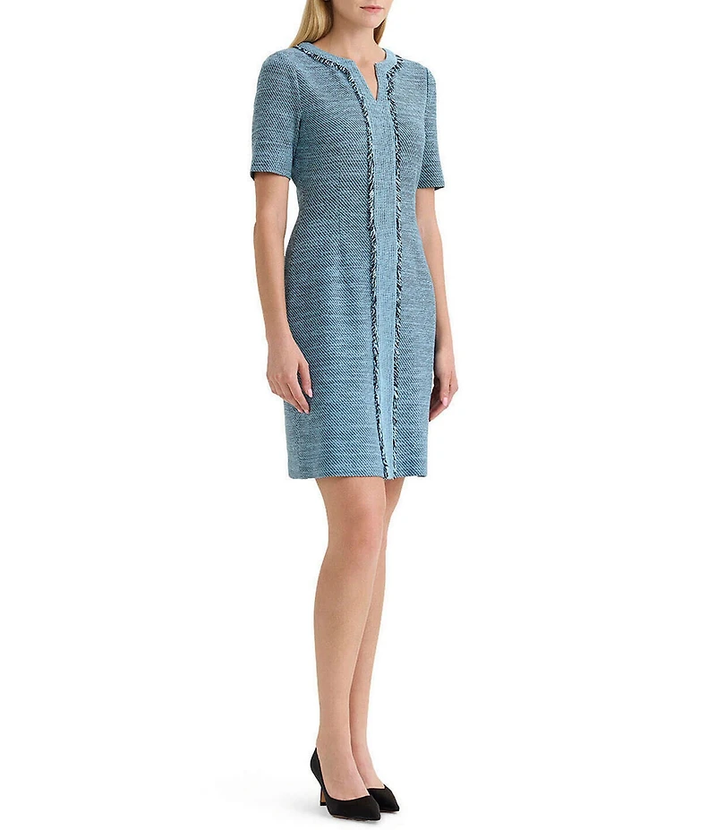 Ming Wang Tweed Knit Split V-Neck Short Sleeve Fringe Dress