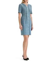 Ming Wang Tweed Knit Split V-Neck Short Sleeve Fringe Dress