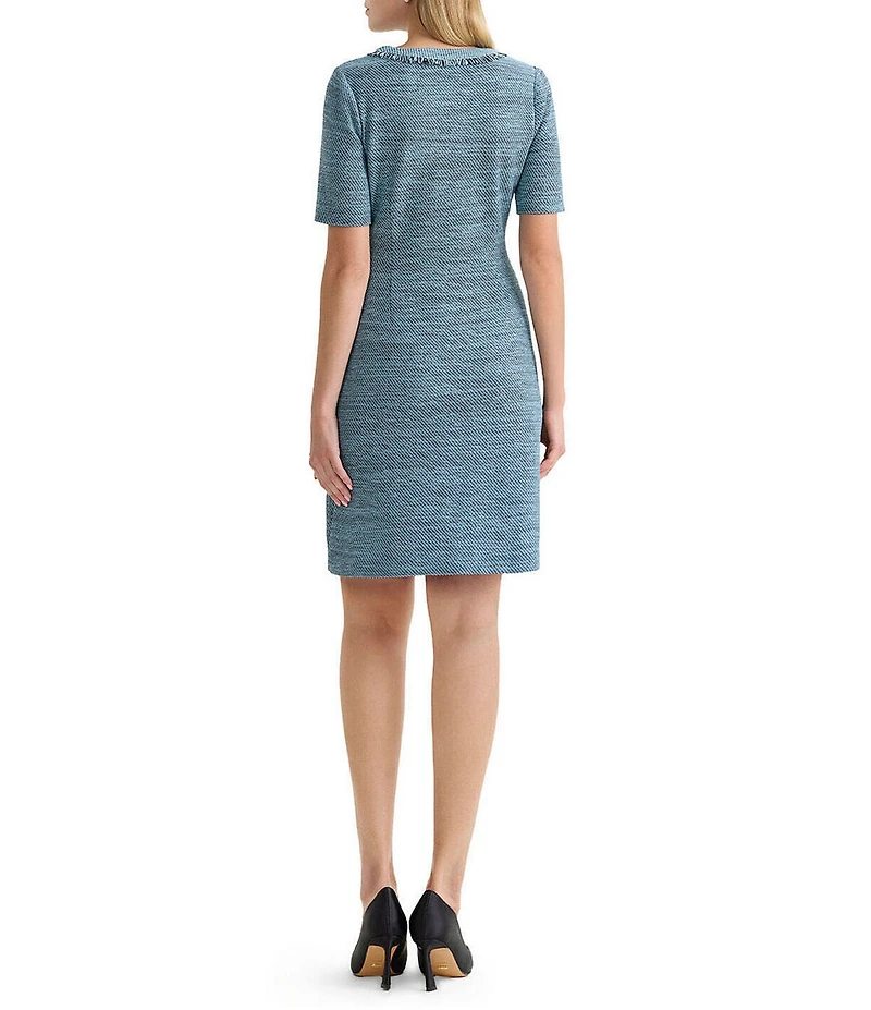 Ming Wang Tweed Knit Split V-Neck Short Sleeve Fringe Dress