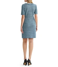 Ming Wang Tweed Knit Split V-Neck Short Sleeve Fringe Dress