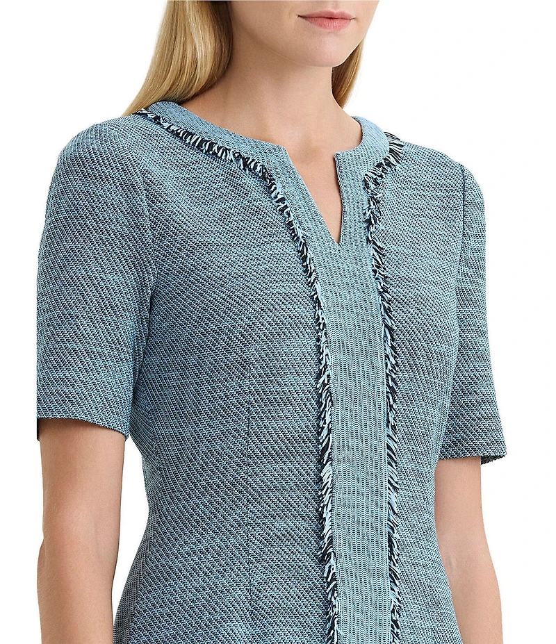 Ming Wang Tweed Knit Split V-Neck Short Sleeve Fringe Dress