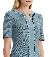 Ming Wang Tweed Knit Split V-Neck Short Sleeve Fringe Dress
