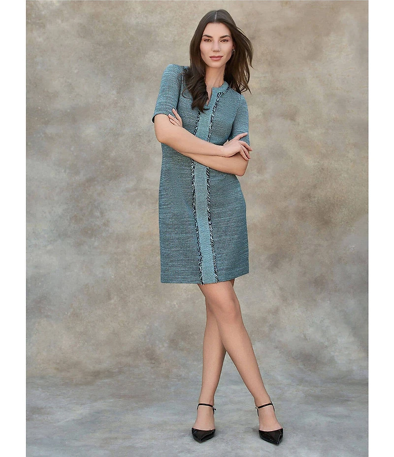 Ming Wang Tweed Knit Split V-Neck Short Sleeve Fringe Dress