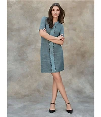 Ming Wang Tweed Knit Split V-Neck Short Sleeve Fringe Dress
