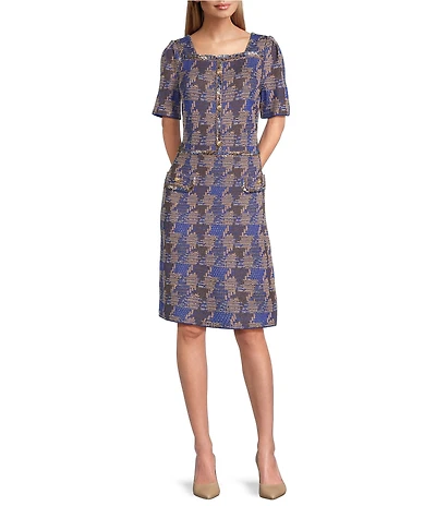 Ming Wang Tweed Knit Square Neck Short Sleeve Eyelash Trim A-Line Dress