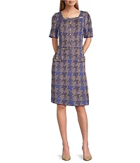 Ming Wang Tweed Knit Square Neck Short Sleeve Eyelash Trim A-Line Dress