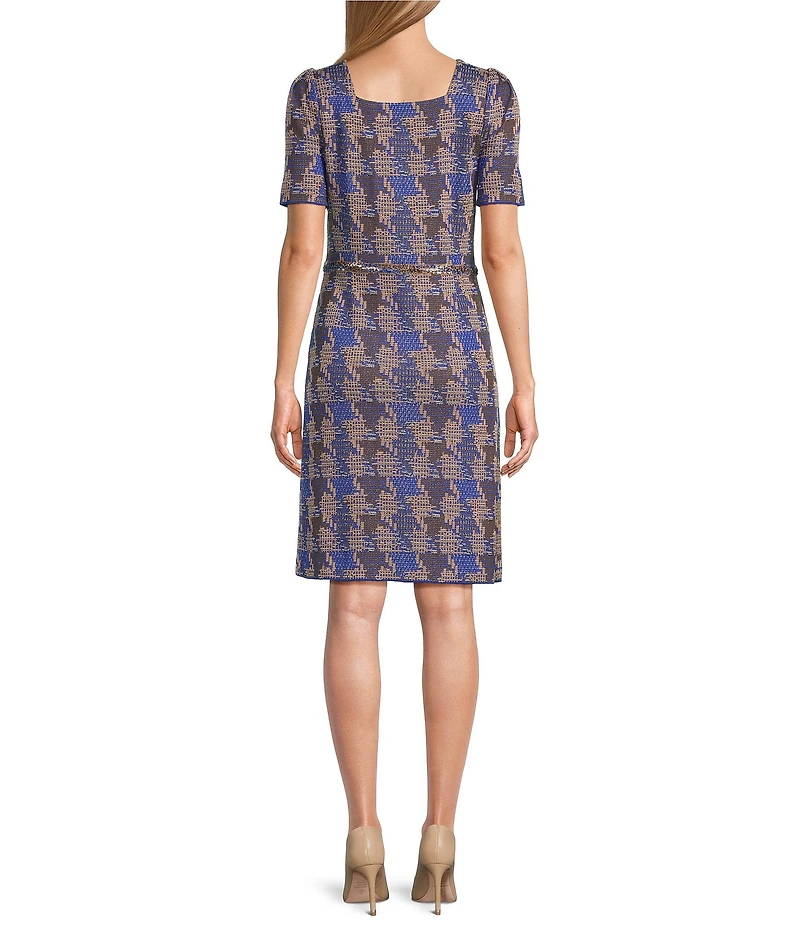 Ming Wang Tweed Knit Square Neck Short Sleeve Eyelash Trim A-Line Dress