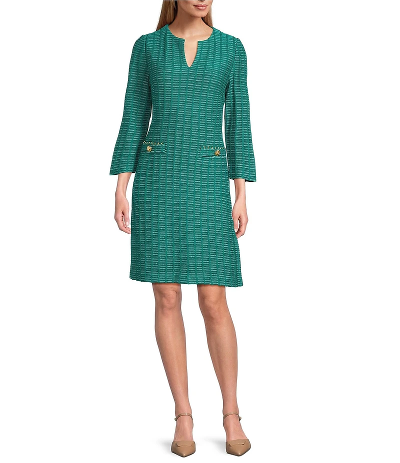 Ming Wang Tweed Ottoman Knit V-Neck Bracelet Sleeve Sheath Midi Dress