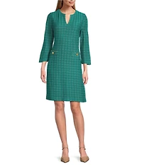 Ming Wang Tweed Ottoman Knit V-Neck Bracelet Sleeve Sheath Midi Dress