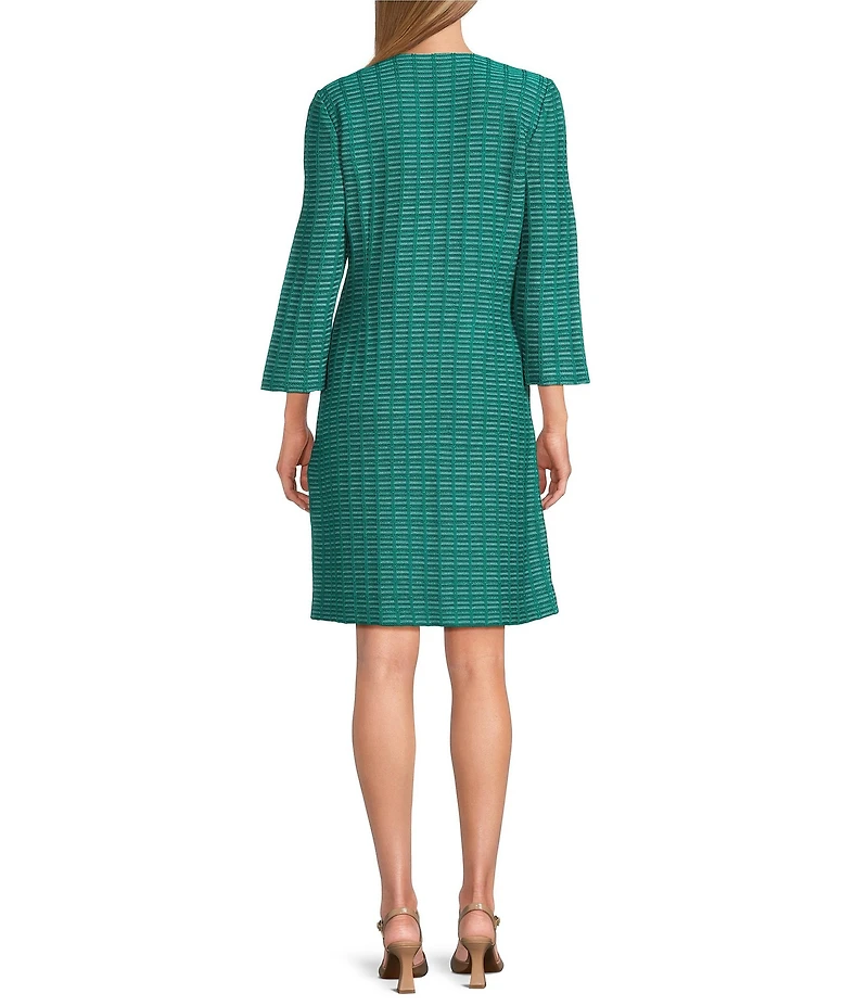 Ming Wang Tweed Ottoman Knit V-Neck Bracelet Sleeve Sheath Midi Dress