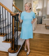 Ming Wang x Family Savvy Tweed Texture Round Neck Short Sleeve A-Line Dress