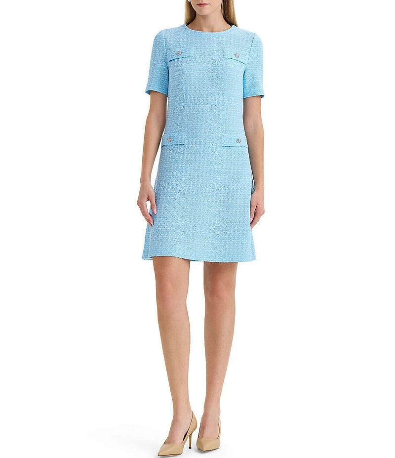 Ming Wang x Family Savvy Tweed Texture Round Neck Short Sleeve A-Line Dress